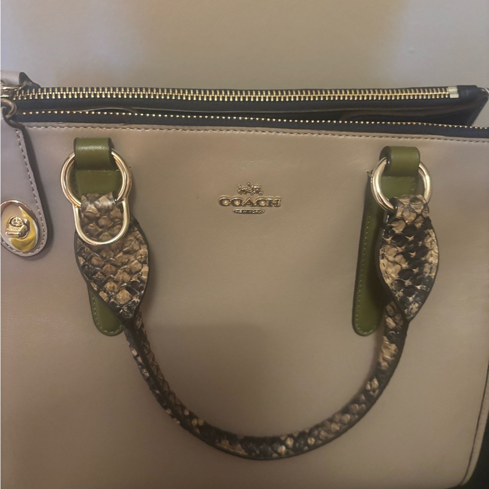 Coach Taupe and Olive Leather Satchel with Snakeskin Handles